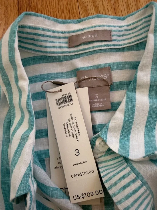 New! Chico's women’s Sz 3/XL shirtail tunic Striped 3/4 sleeve aqua linen shirt. - Picture 2 of 8